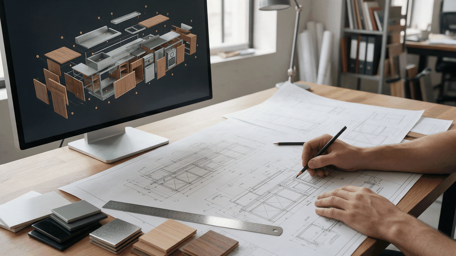 Engineer marking shop drawings beside a 3D CAD model of a modular restaurant counter